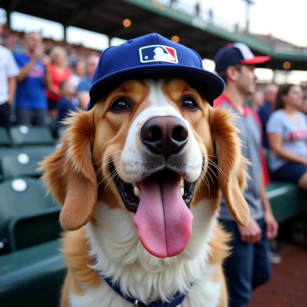 Dog Wearing MLB Hat at Baseball Game