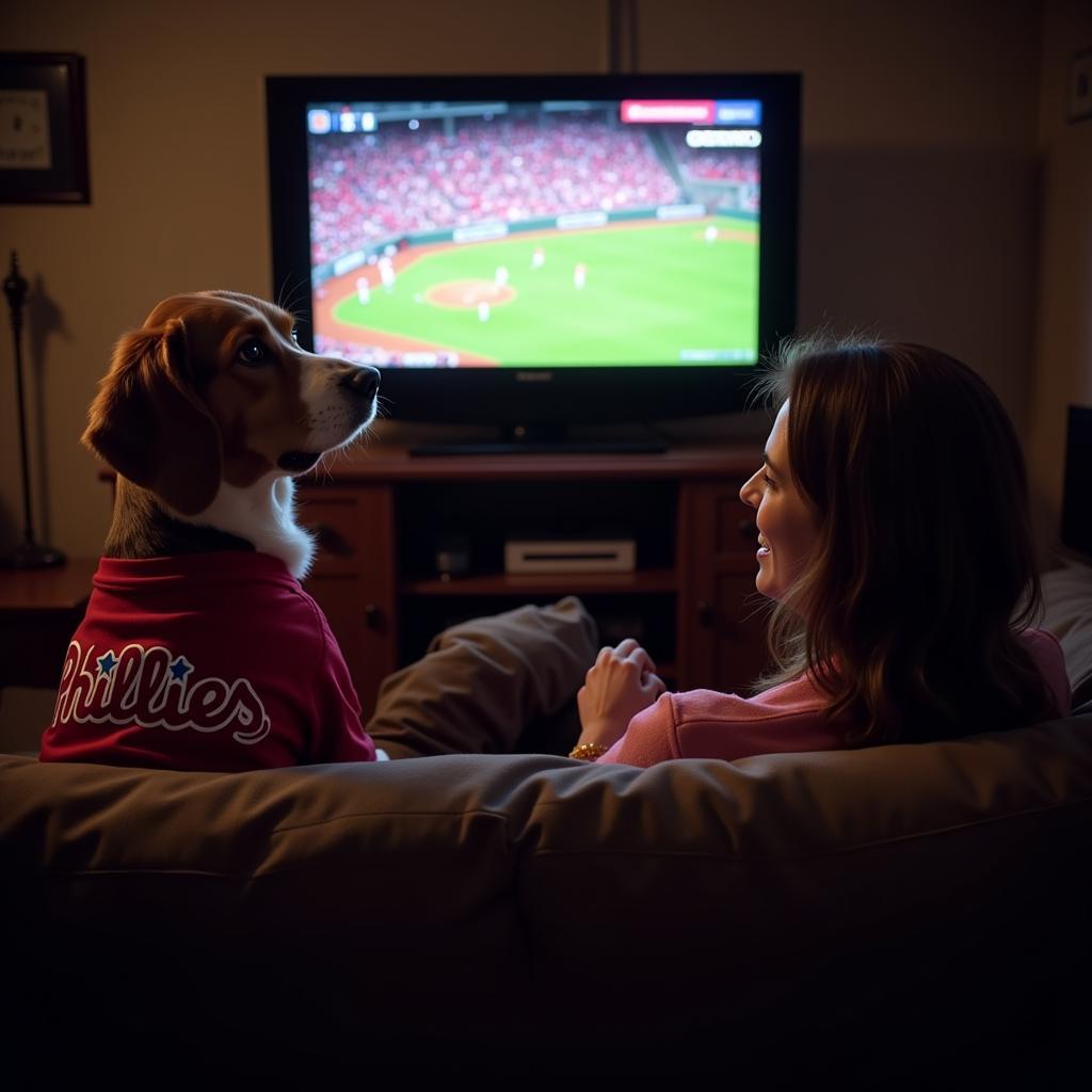 Dog Wearing Phillies Jersey Watching Game