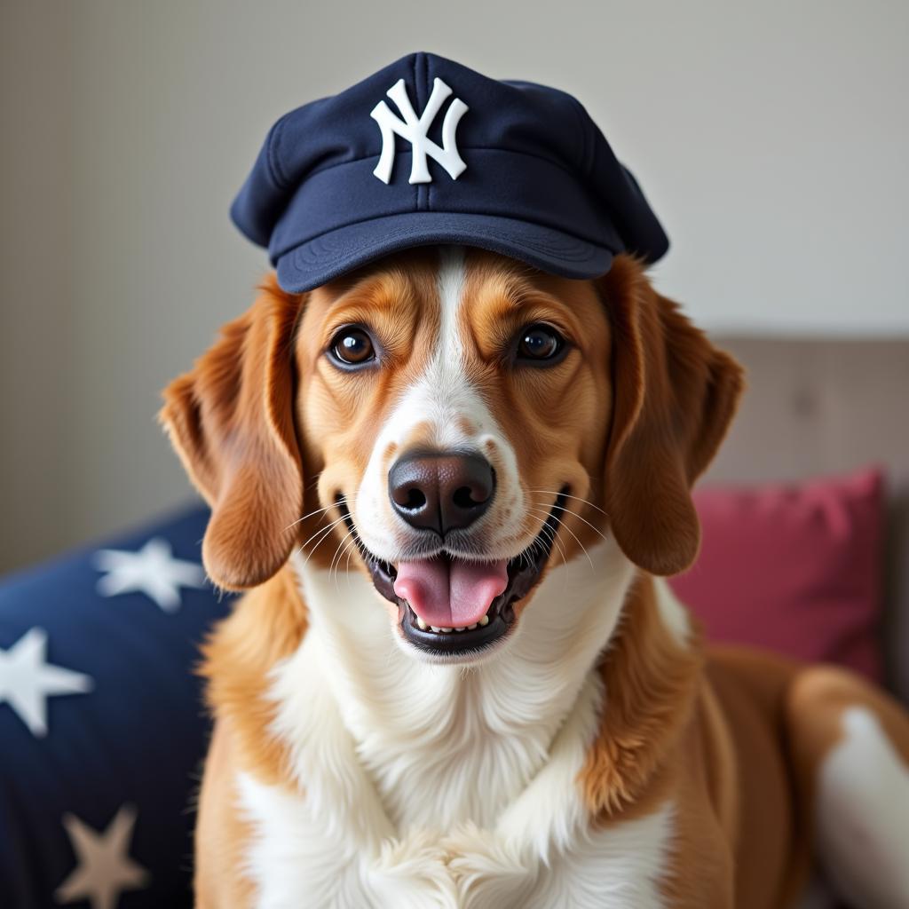 A happy dog wearing a Yankee hat