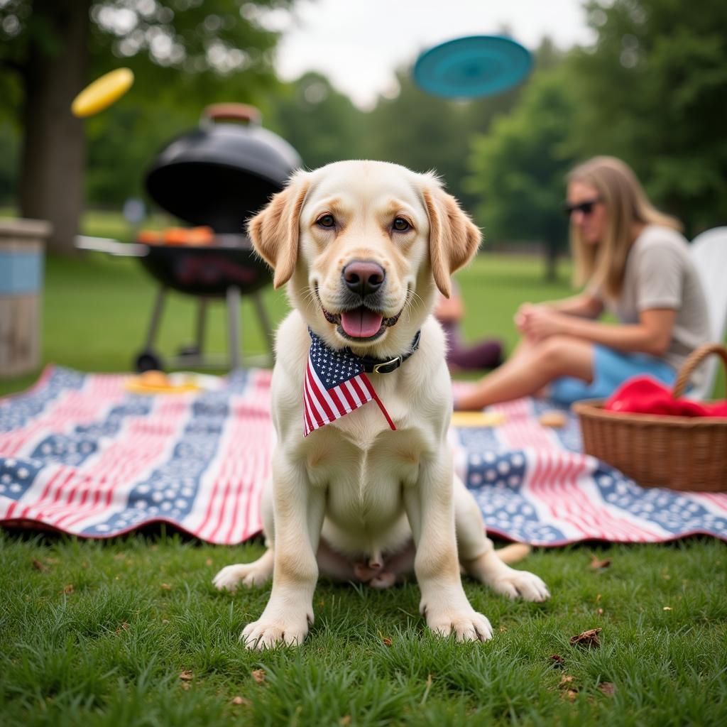 Dog with American Flag at Park