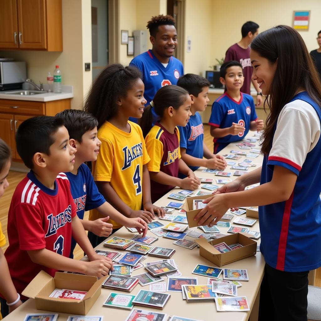 Young athletes receiving donated sports cards