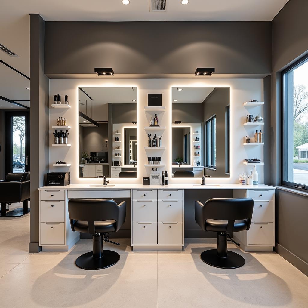 Modern double sided salon stations with large mirrors, ample storage and integrated lighting.