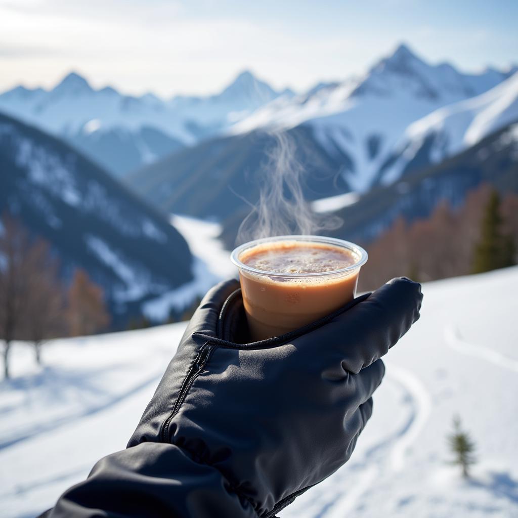 A skier holding a drink mitten on the slopes