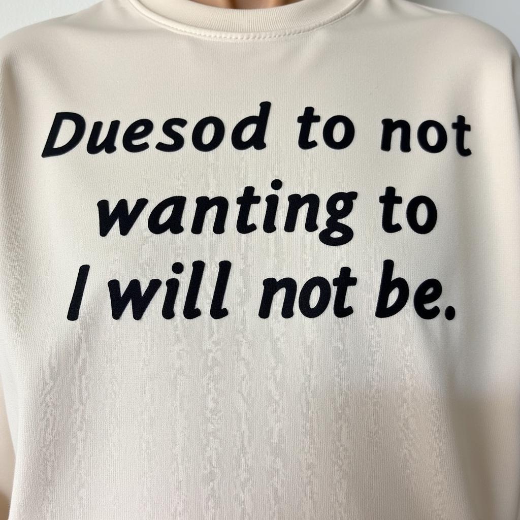 Close-up of the "Due to not wanting to I will not be" text on a sweatshirt