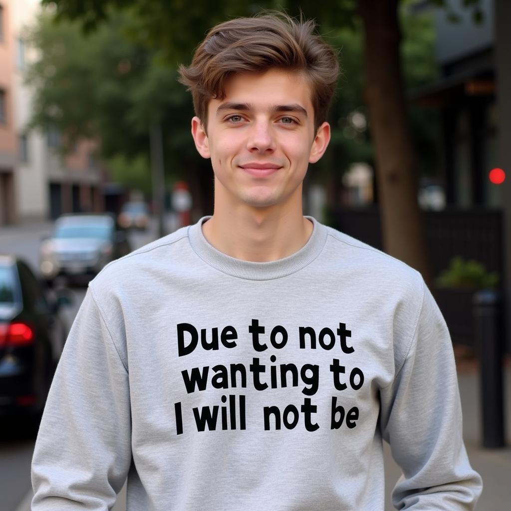 Model wearing a "Due to not wanting to I will not be" sweatshirt