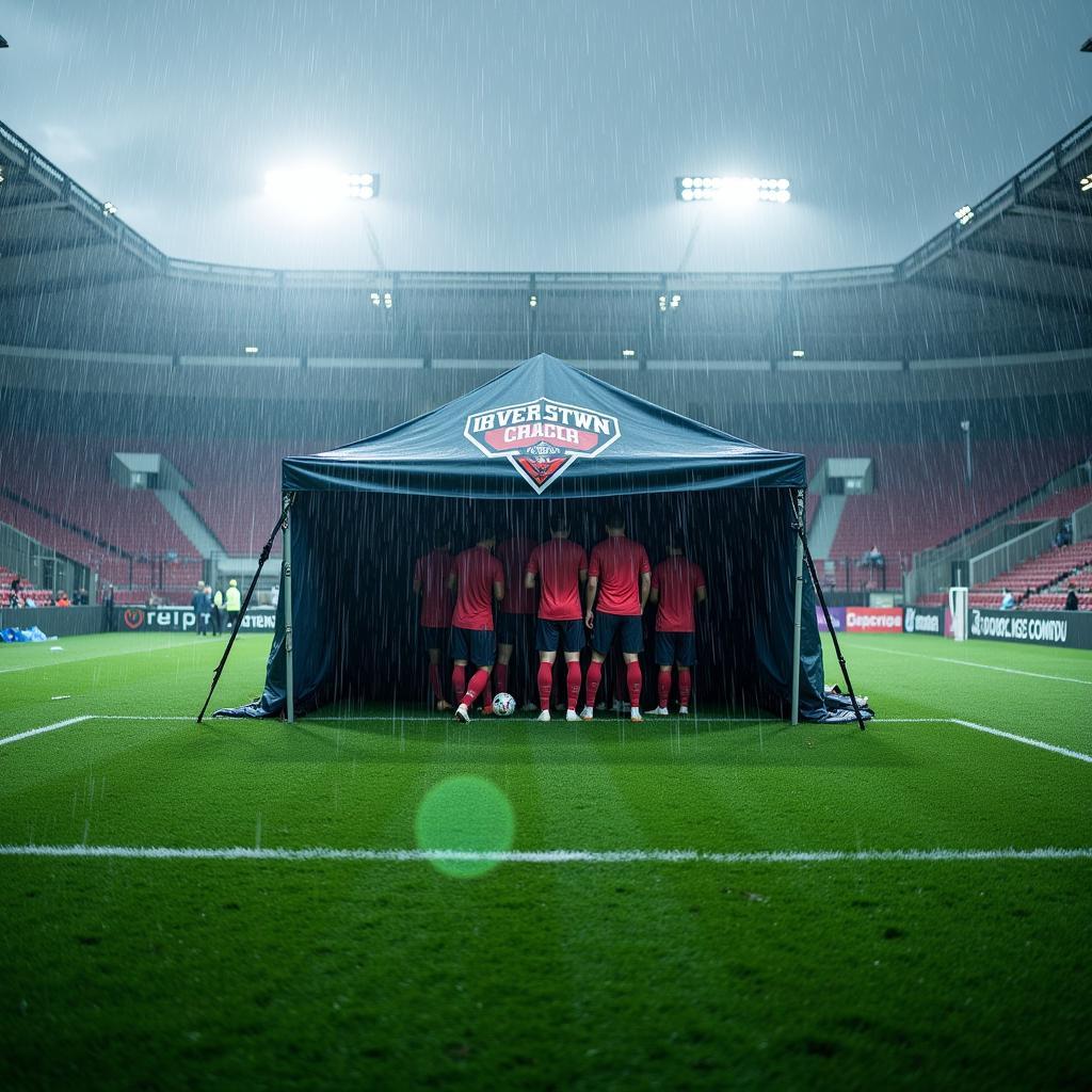 Soccer players sheltering under dugout tarp during rainstorm