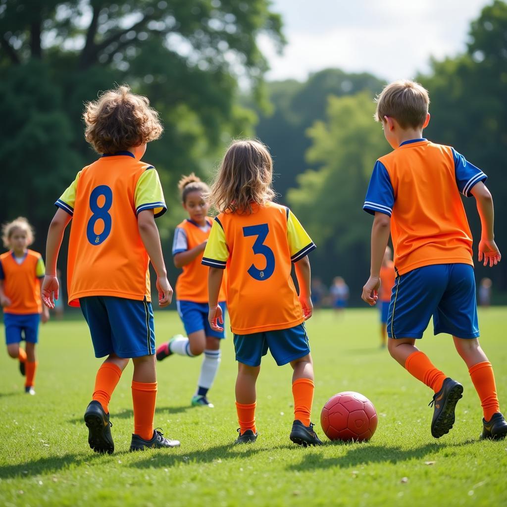 Kids in soccer uniforms playing a game