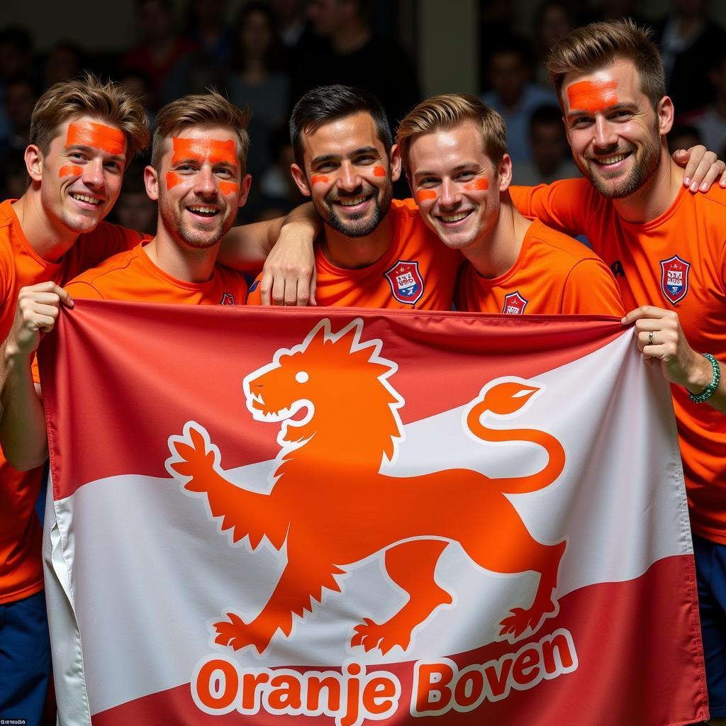 Enthusiastic Dutch fans holding a "country pride fly sheet" during a match.