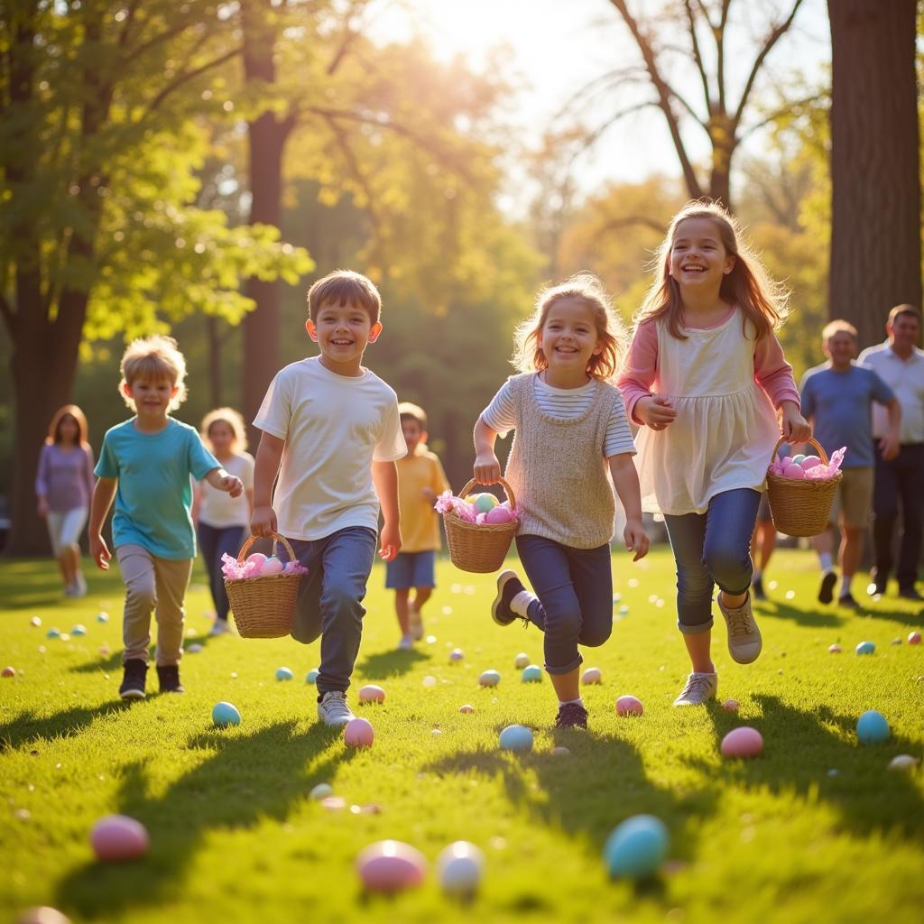 Children participating in an Easter egg hunt in a park in Kansas City