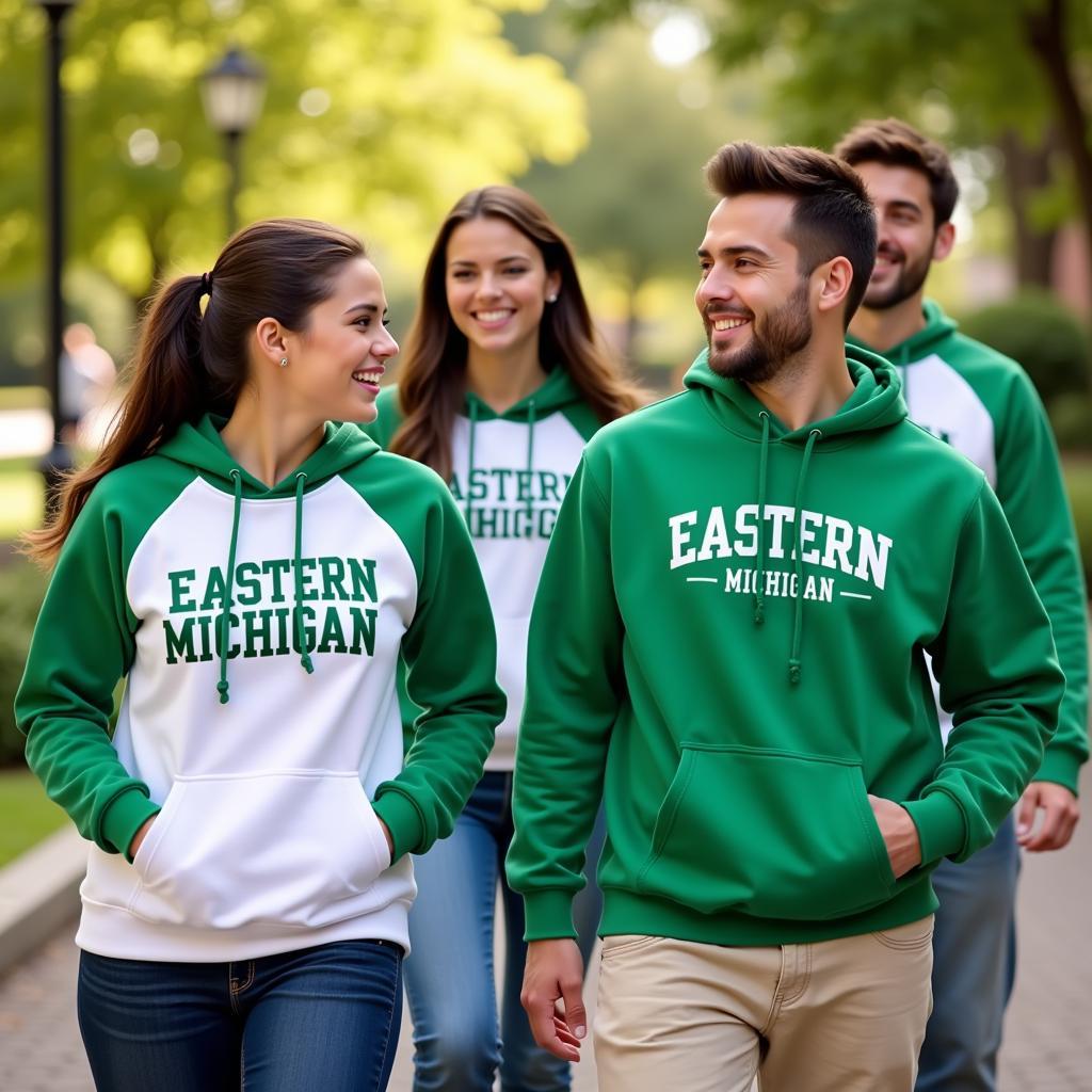 Students sporting Eastern Michigan hoodies on campus