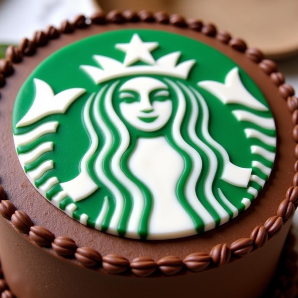 Edible Starbucks logo made of fondant on a cake