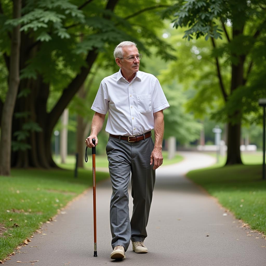 Elderly Man Using a Collapsible Walking Stick Outdoors