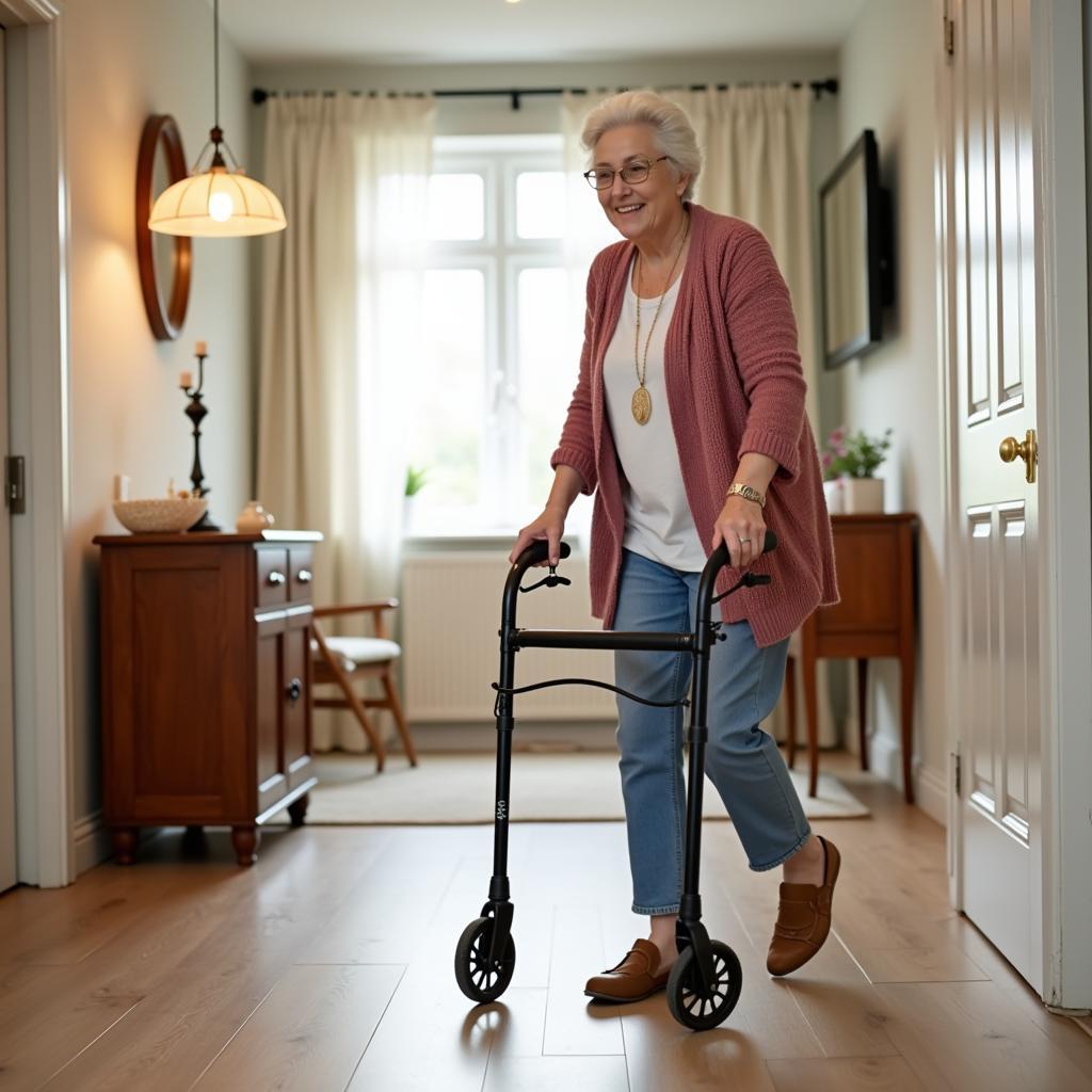 Elderly Woman Using a Walker Indoors