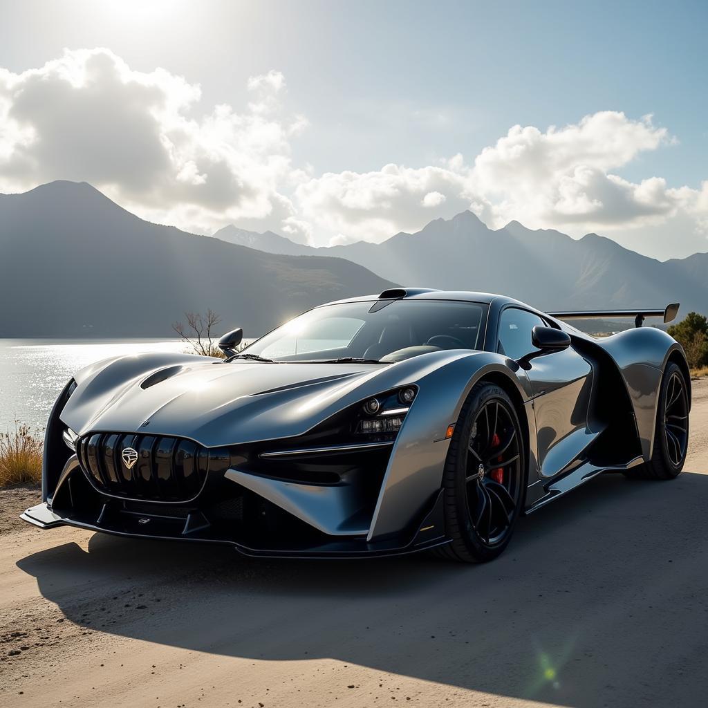 Sleek silver electric supercar plugged into a charging station in a modern, minimalist garage.