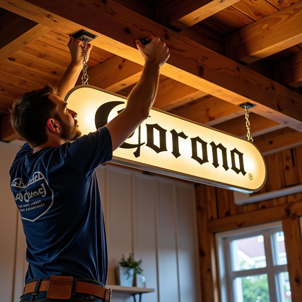 Professional Electrician Installing a Corona Light Sign