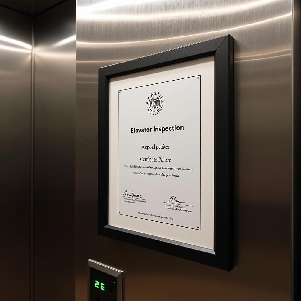 An elevator certificate frame prominently displayed inside an elevator cabin