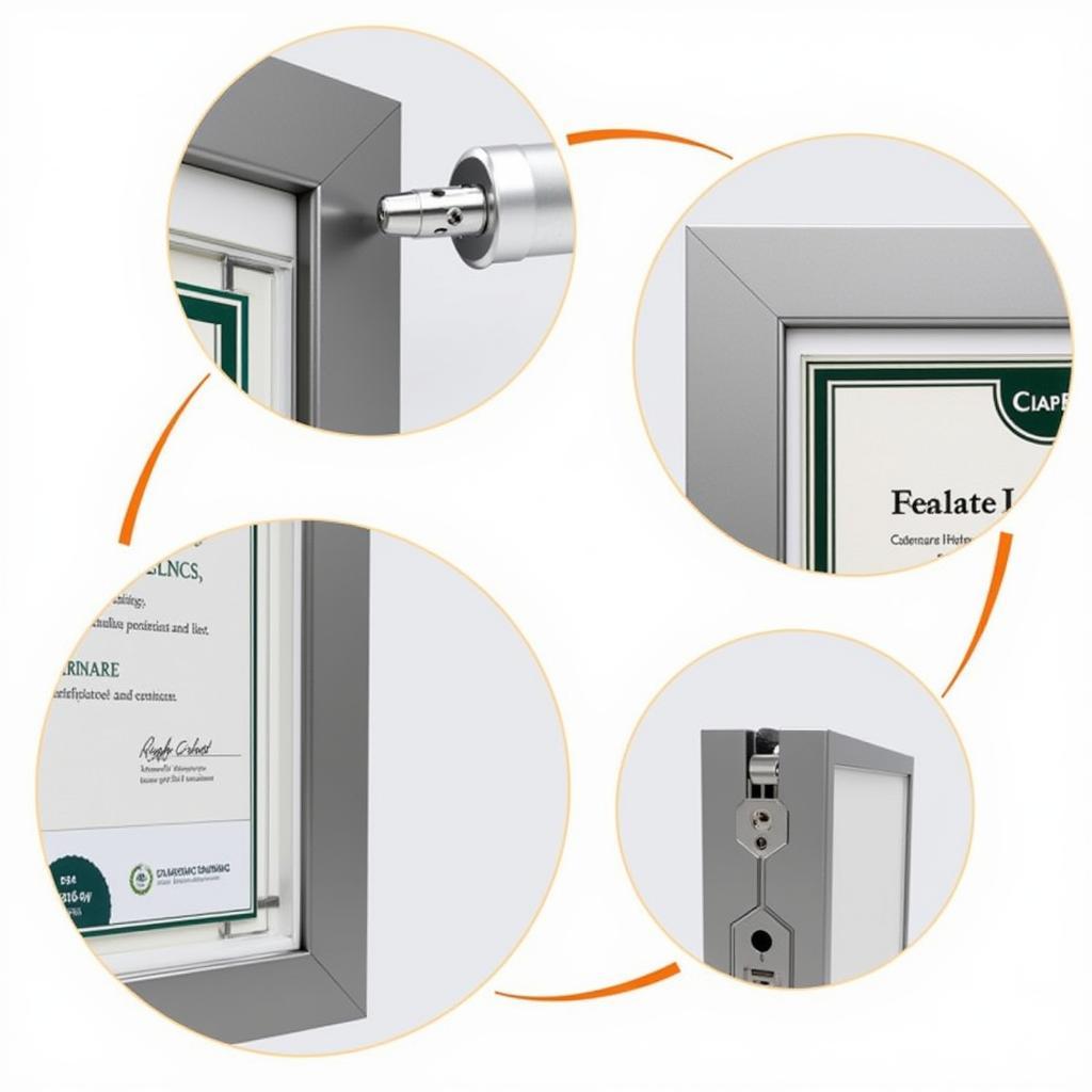 Close-up of tamper-resistant features on an elevator certificate frame