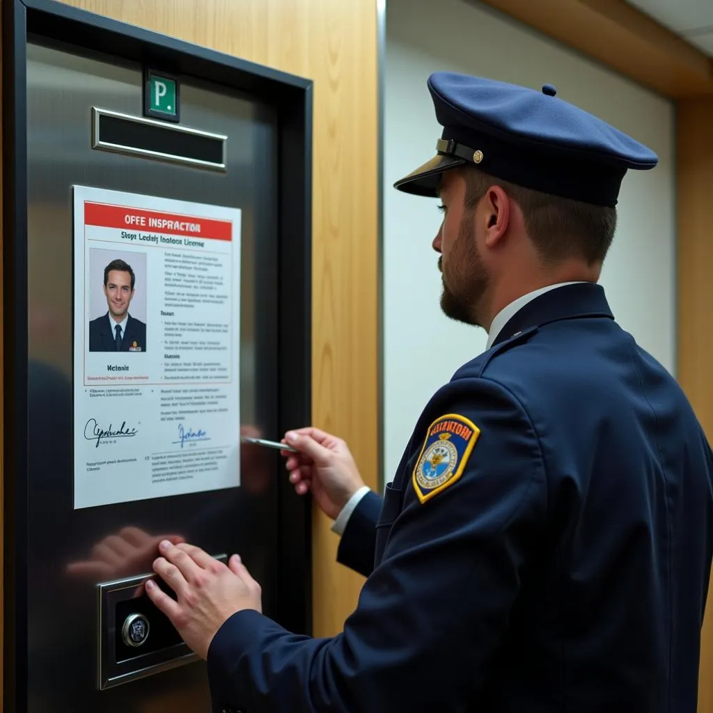 Elevator inspector examining the licence within the frame