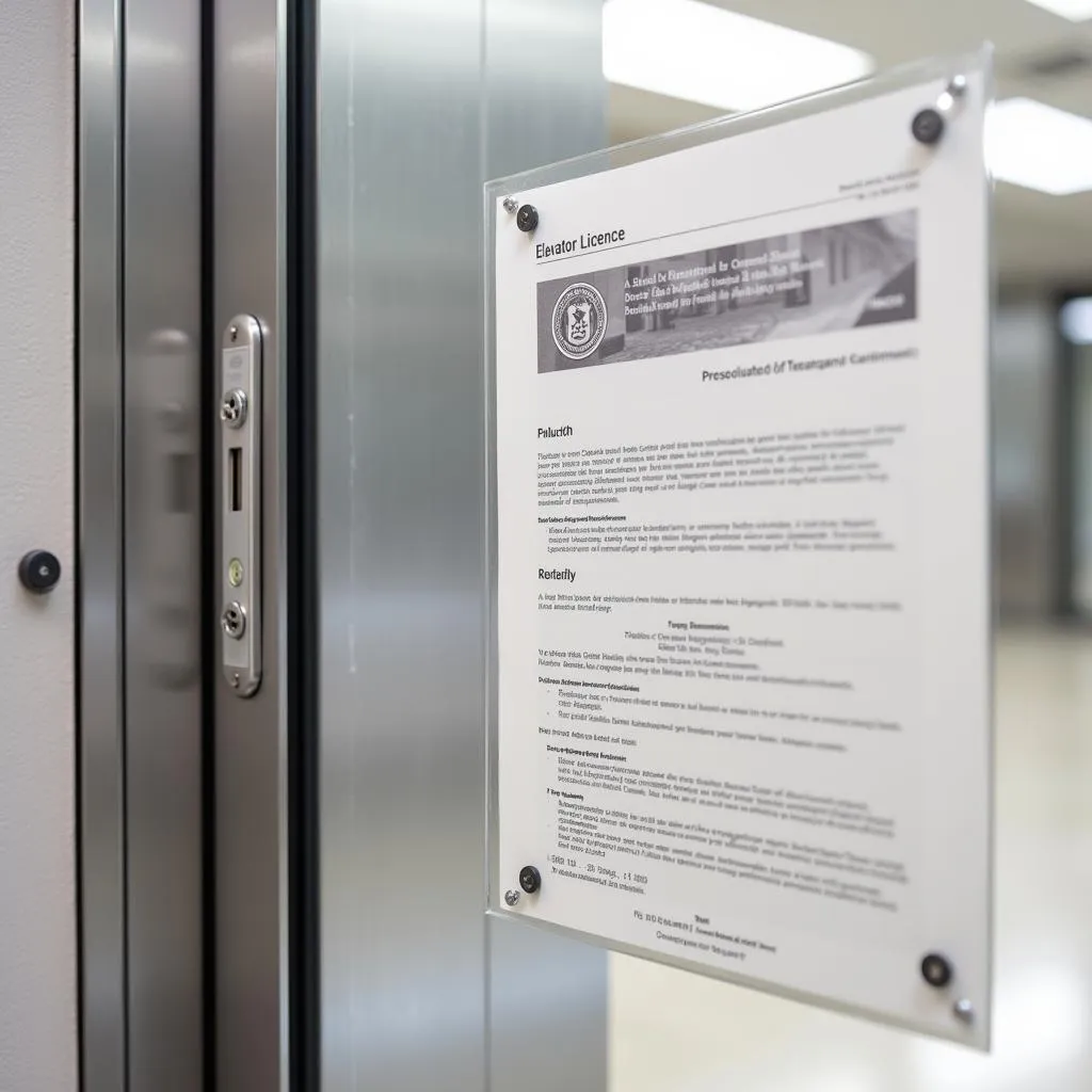 Close-up of an elevator licence frame