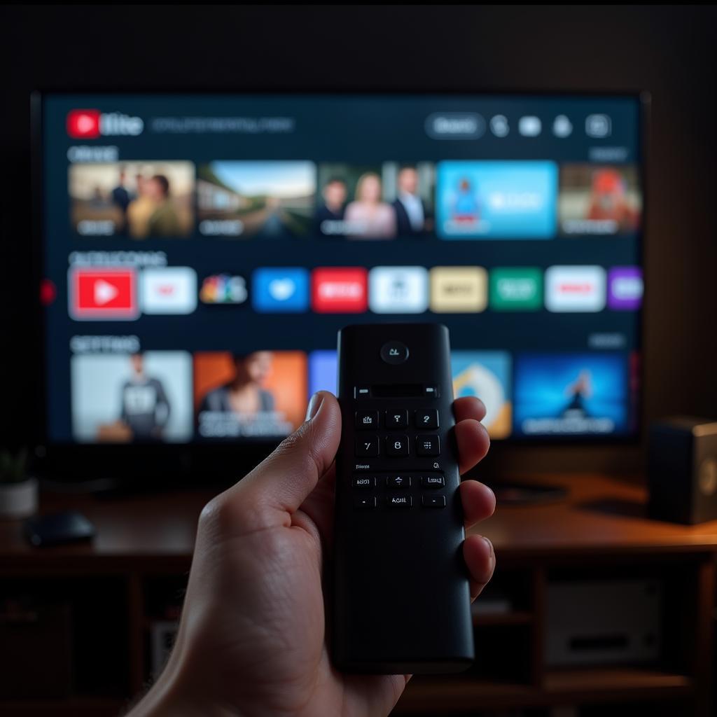 Hand holding a remote control, browsing an elite TV subscription