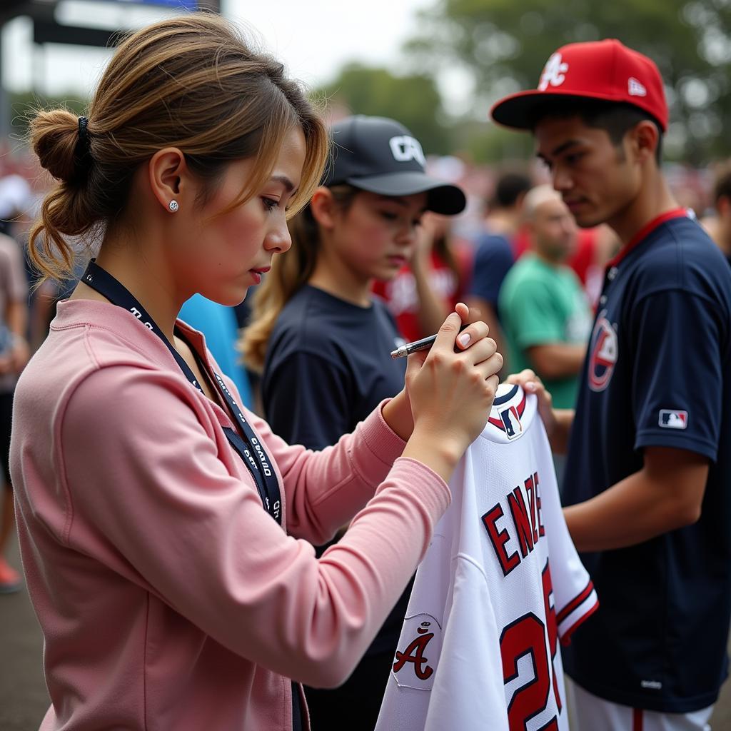 Elly De La Cruz Signing a Baseball Jersey