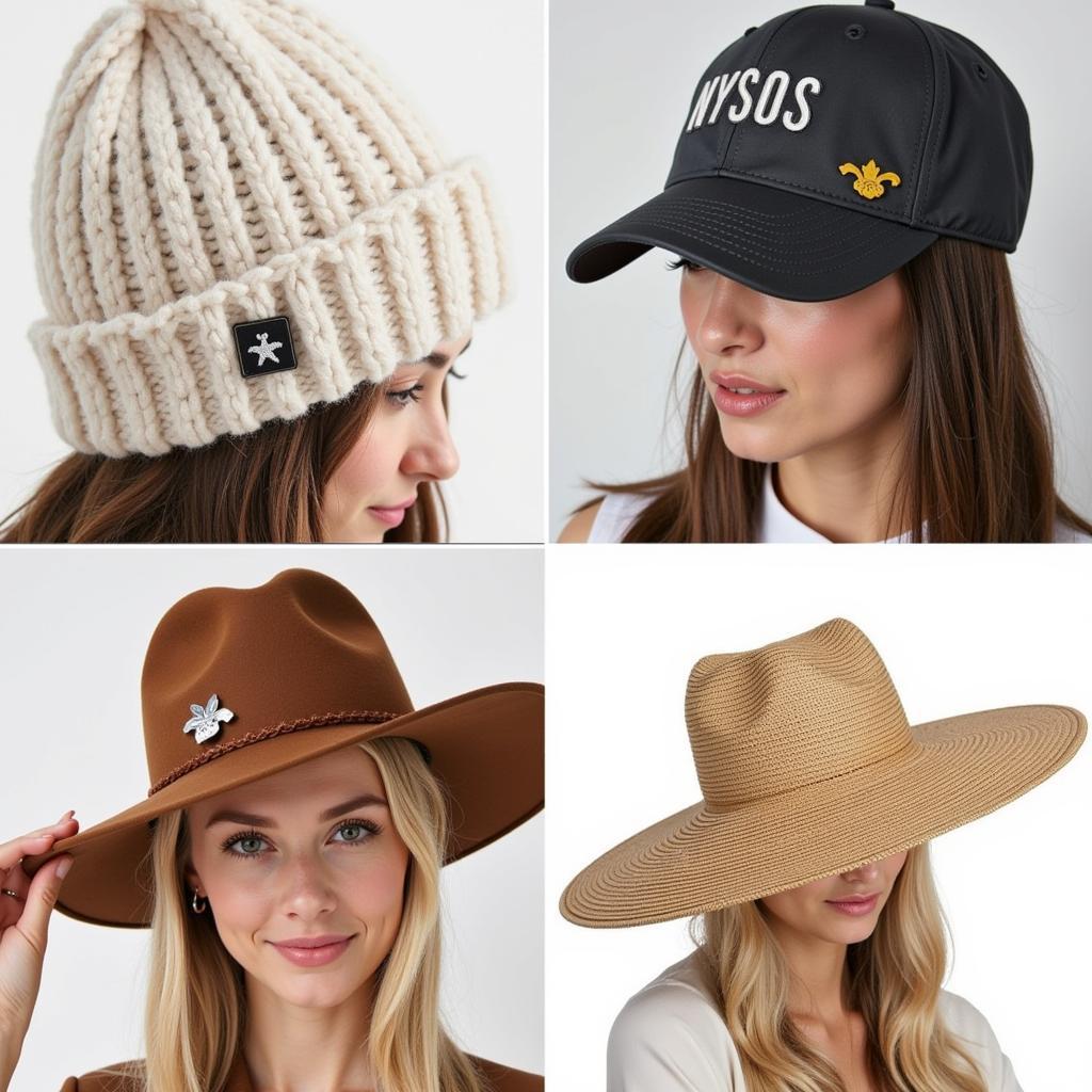 Enamel pins on various hat styles and materials, like baseball caps and beanies.