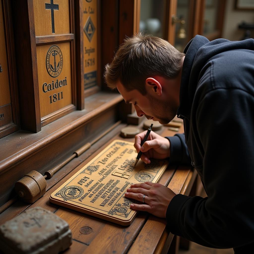 Close-up of a craftsman engraving a cardinal memorial plaque