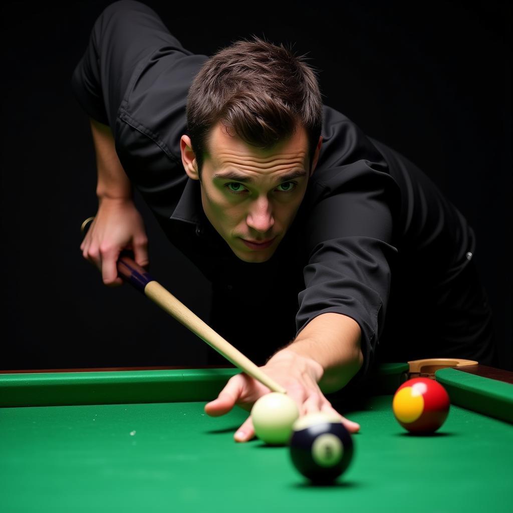 A billiards player taking a shot with an action cue stick