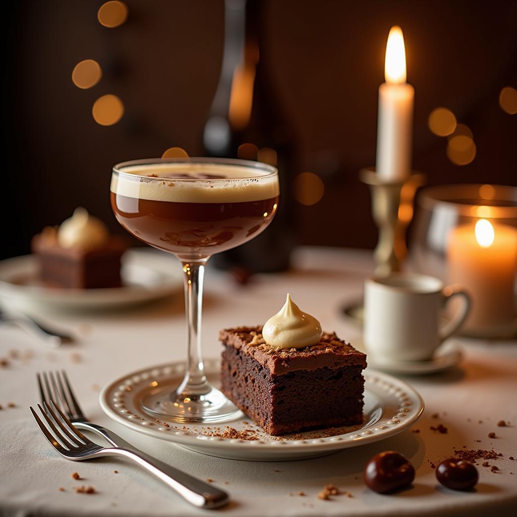 A person enjoying a glass of chilled kosher chocolate liqueur with a dessert.