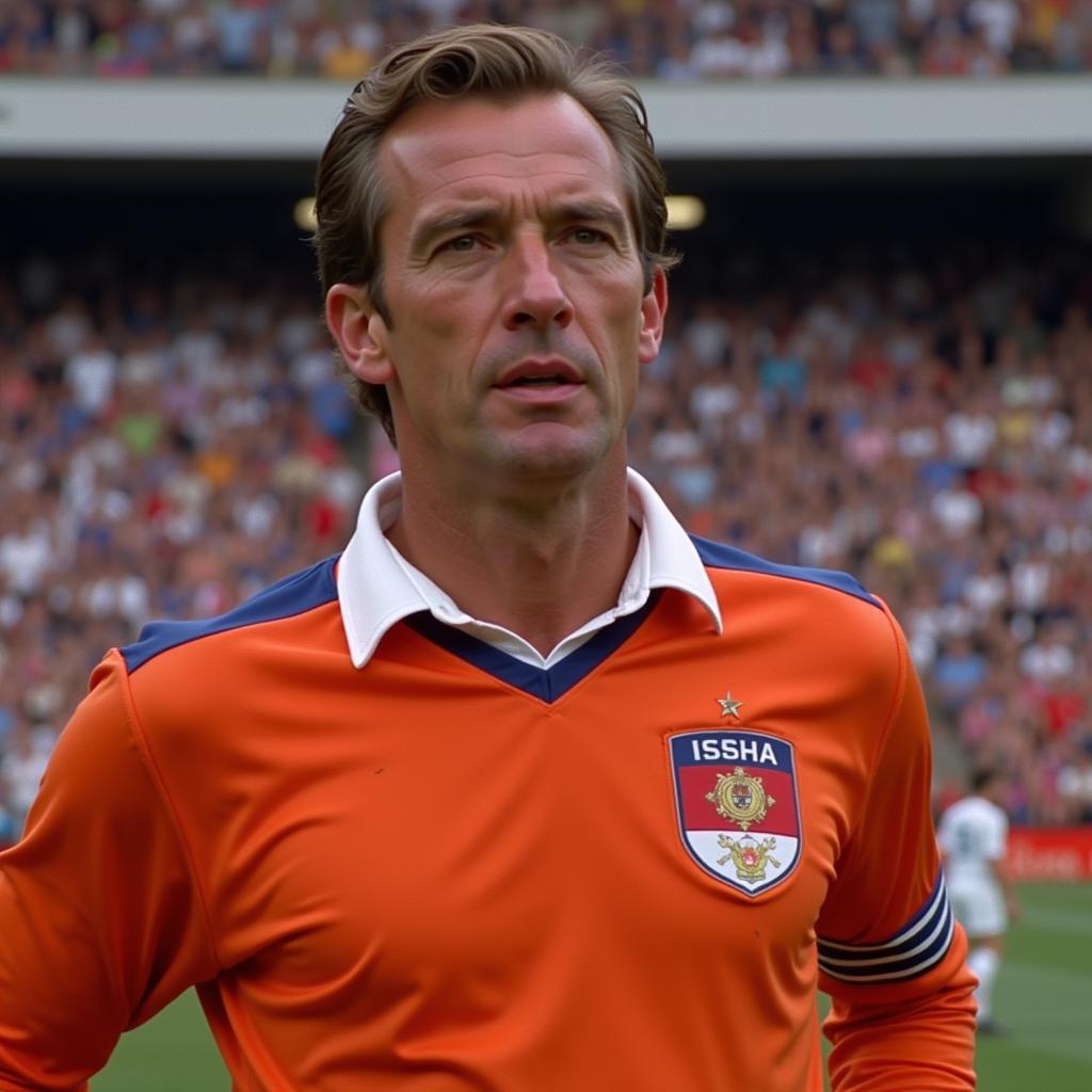 Michael Caine wearing the iconic orange Dutch national team jersey in Escape to Victory