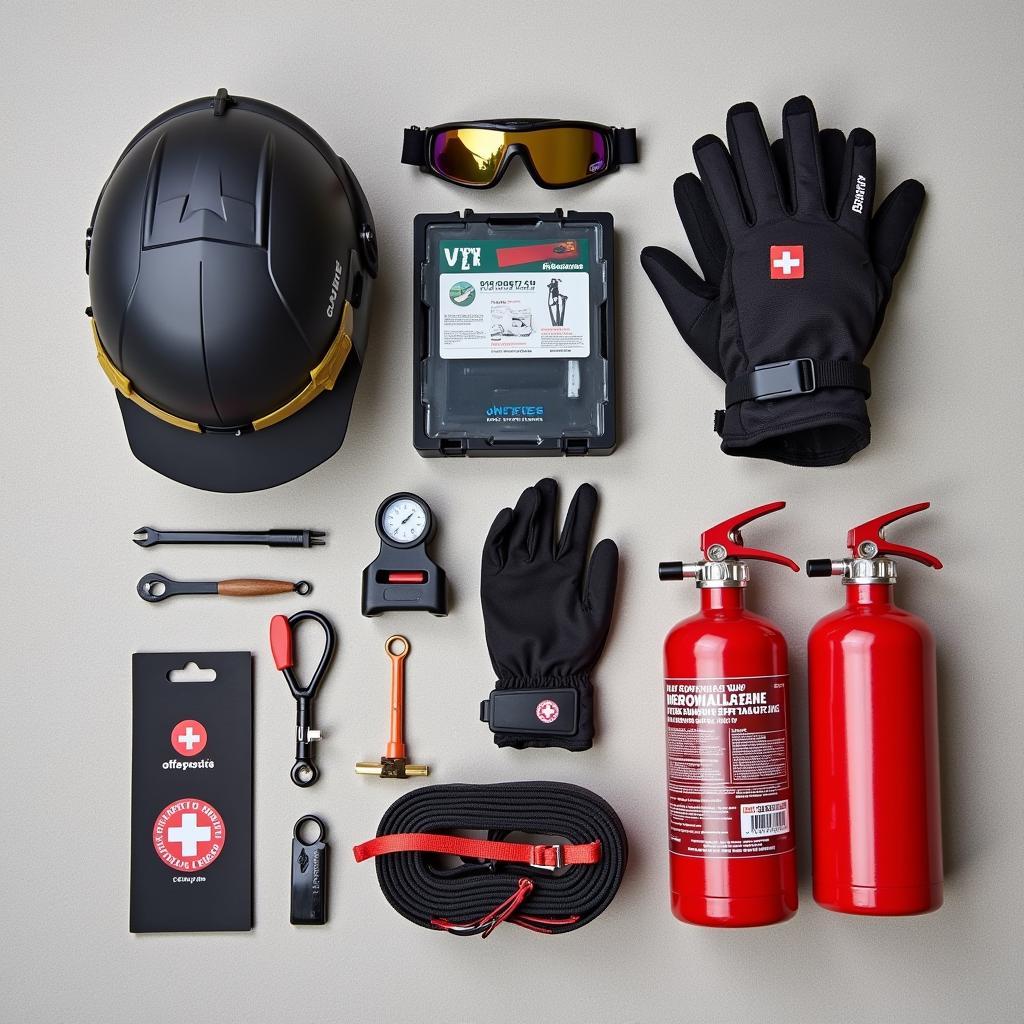 A flat lay of essential off-roading gear and equipment