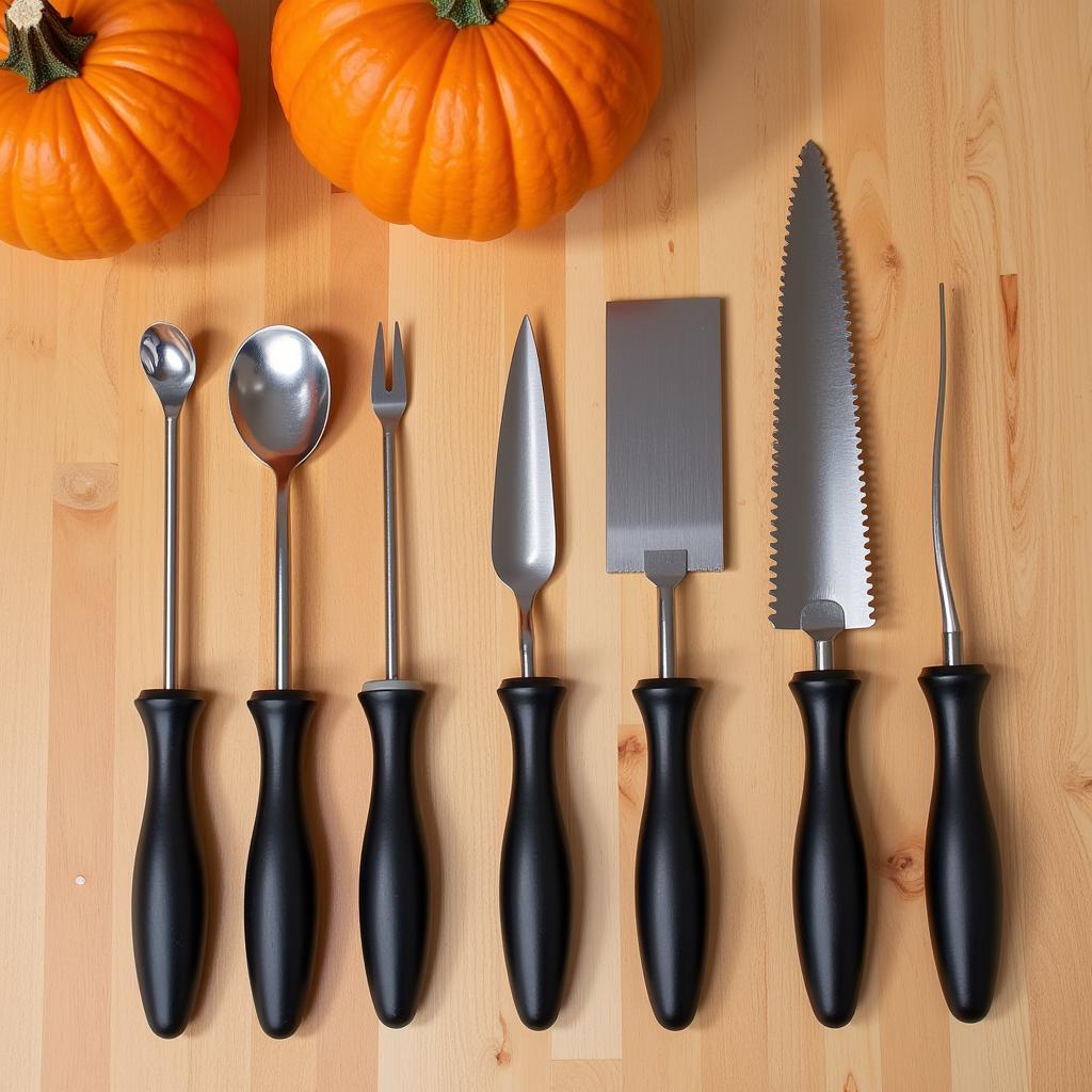 Essential pumpkin carving tools laid out on a table