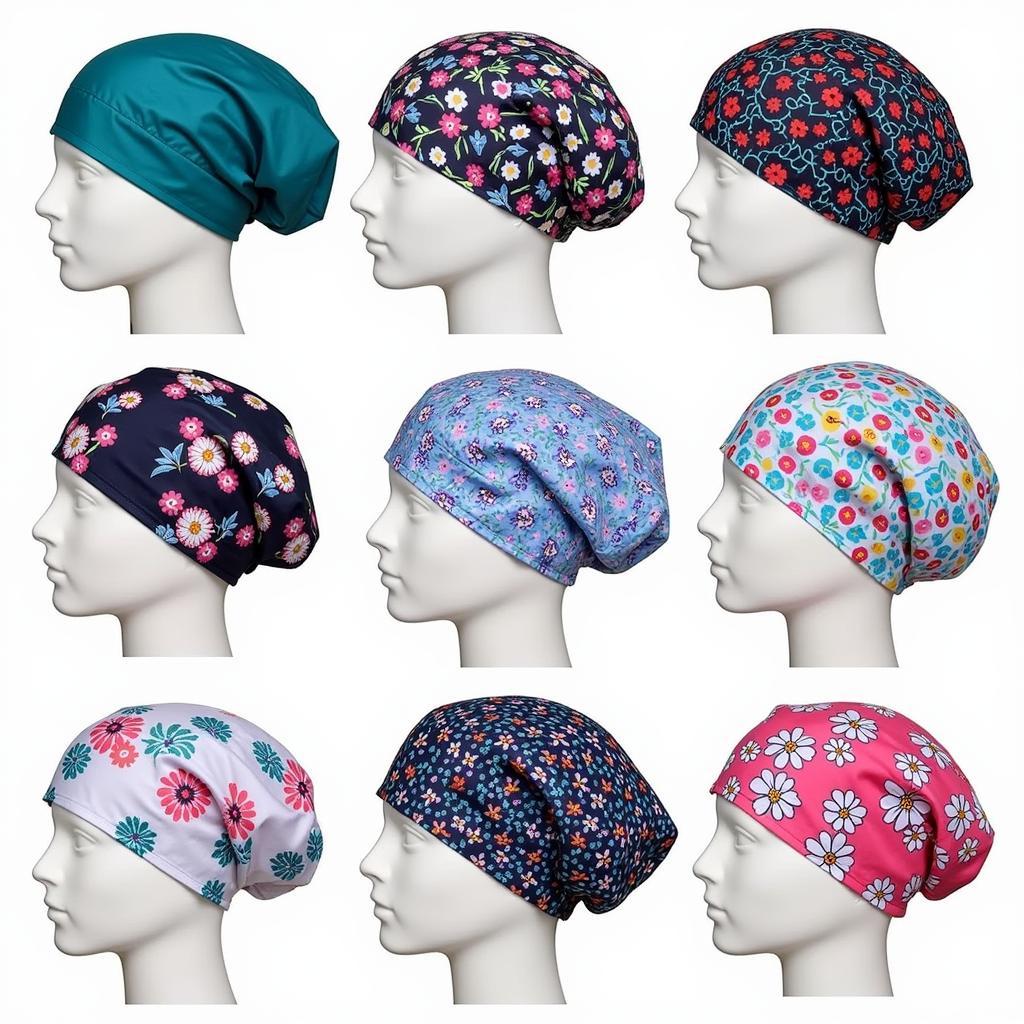 Various styles of European scrub caps