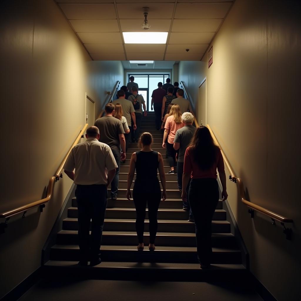 People evacuating a building during a fire using the stairwell