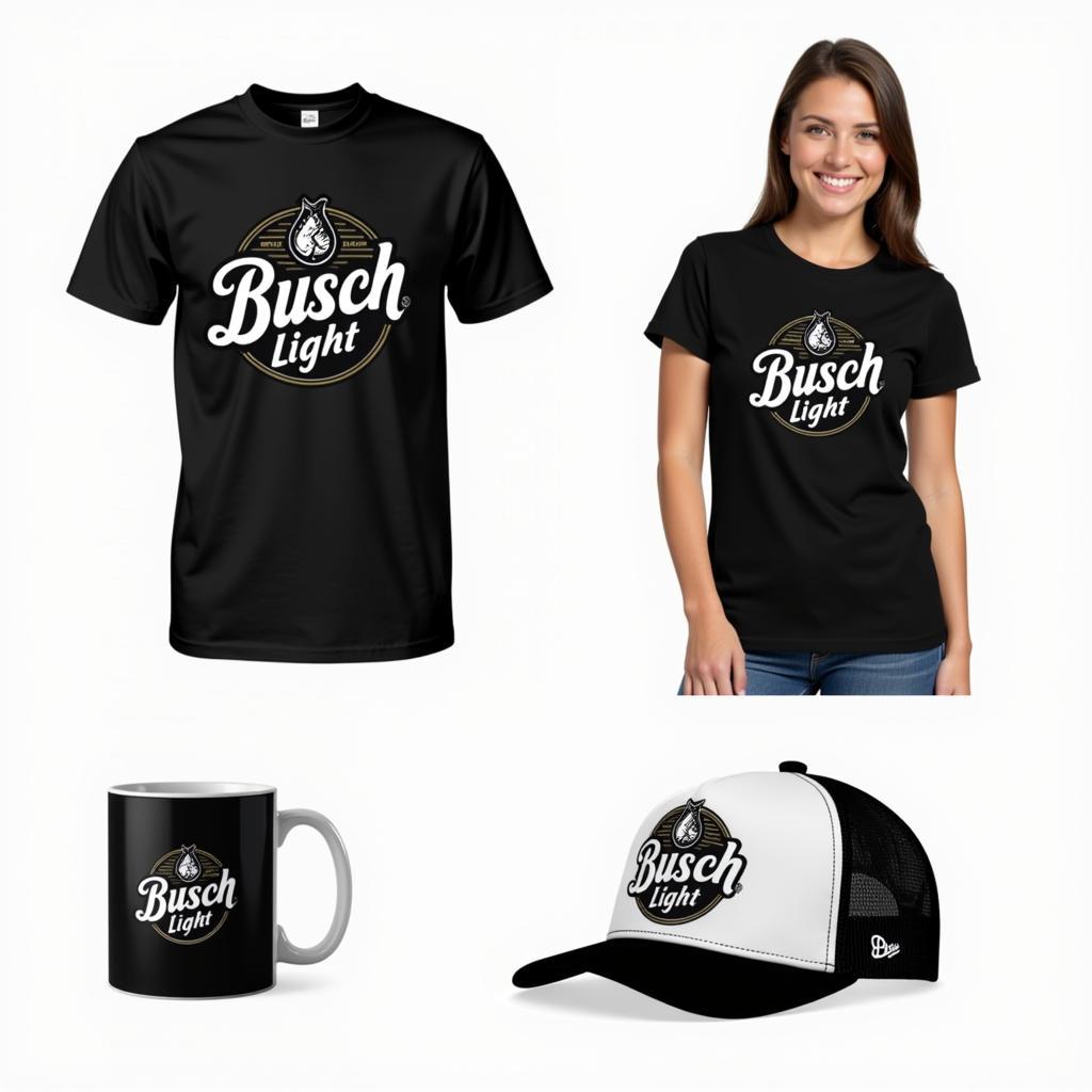 Examples of how the black and white Busch Light logo could be used on merchandise like t-shirts and hats.