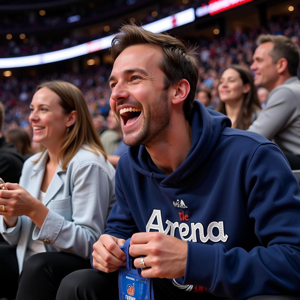 Excited fan opening an arena grab bag at a game 