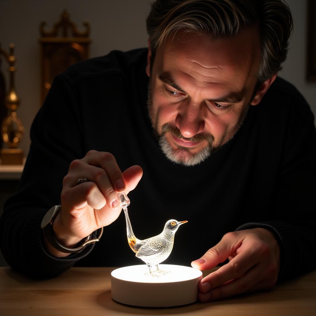 Art expert evaluating a lighted base for a glass sculpture