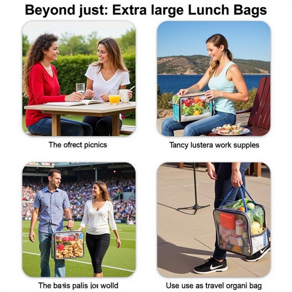 People using extra large clear lunch bags for various purposes like picnics, work, and travel