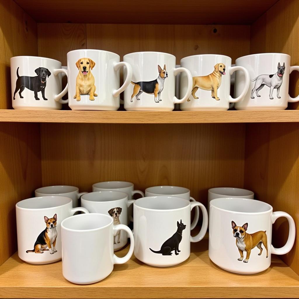 A variety of ceramic mugs with different dog designs displayed on a shelf