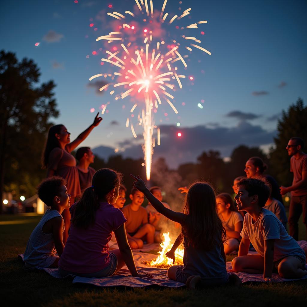 Families enjoying the University Yacht Club Fireworks on a blanket