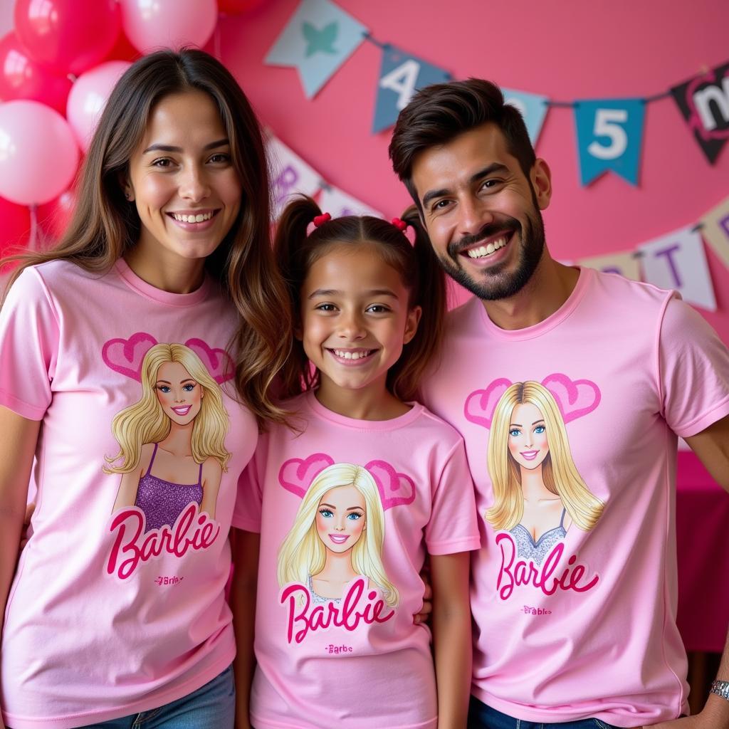 Family wearing matching Barbie Birthday Shirts at a party