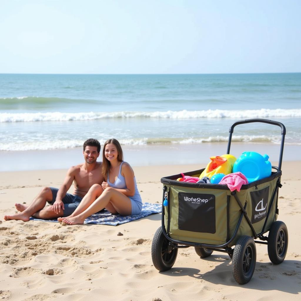 Family enjoying a beach day with their beach cart