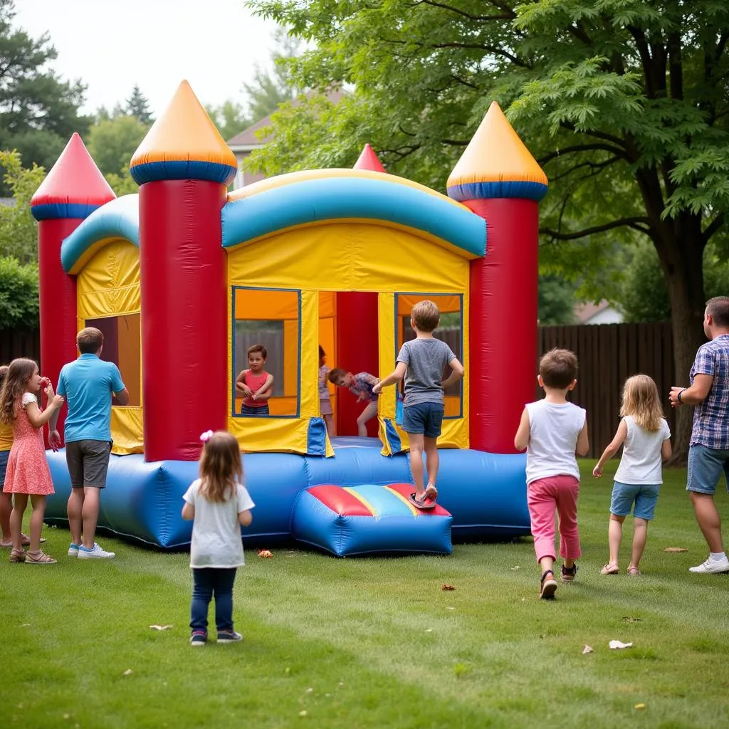 Family Having Fun at a Bounce House Party