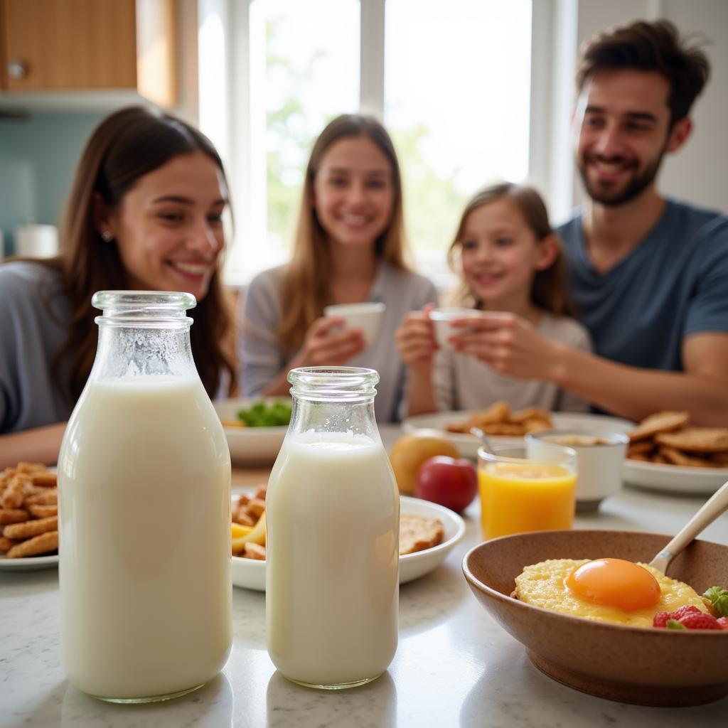  A family enjoying breakfast with milk poured from glass bottles