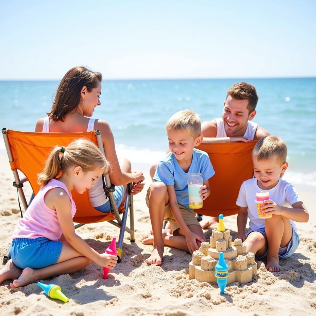 Family using beach cup holders at the beach