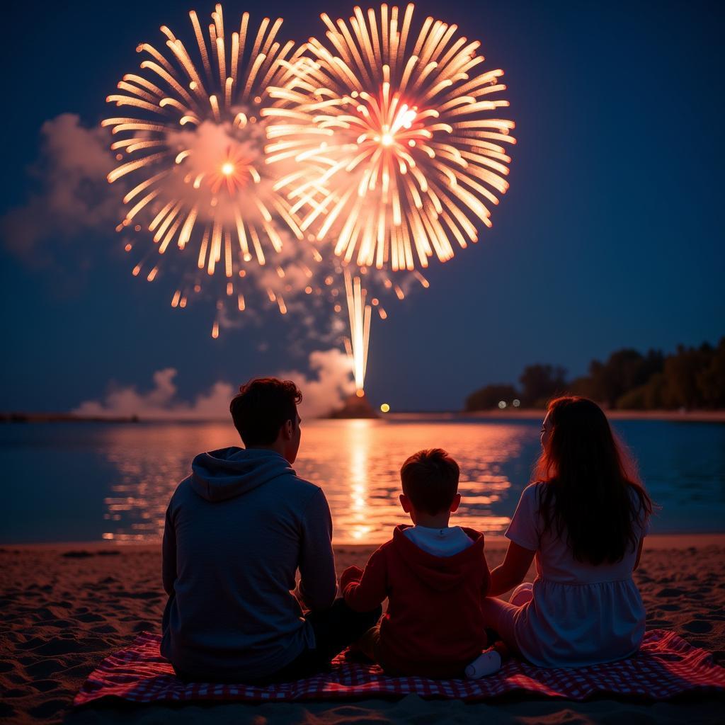 Family Enjoying Fireworks on the Beach 