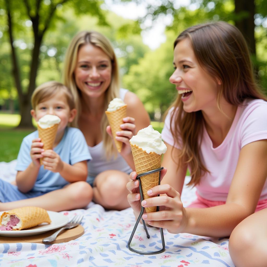 Family enjoying ice cream using cone holders at a picnic