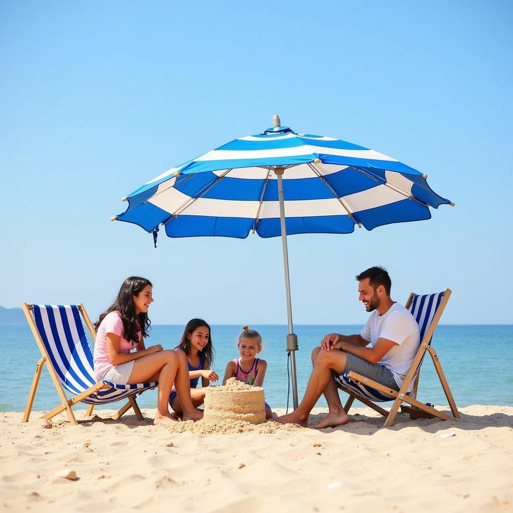 Family Enjoying Shade Under Aluminum Pole Umbrella at Beach