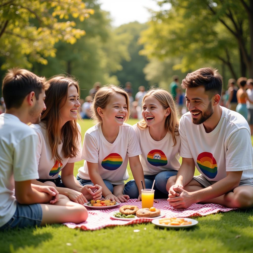 Family wearing pride shirts at a park picnic, enjoying quality time.