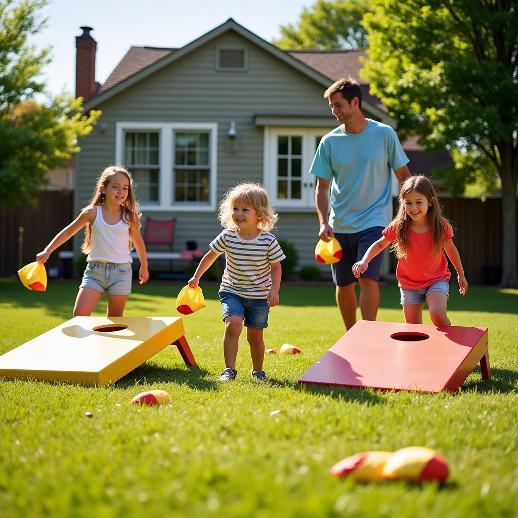 Family Playing Cornhole in Backyard